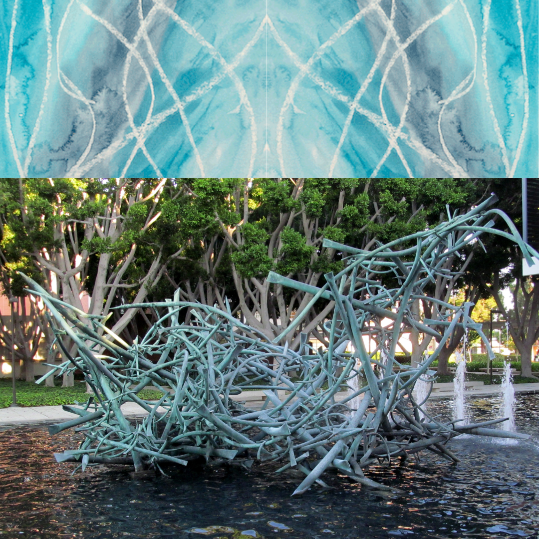 watercolor resist stock image and Claire Falkenstein sculpture photo of "U As a Set" a bronze tubing sculpture with turquoise patina in a body of water and trees in background