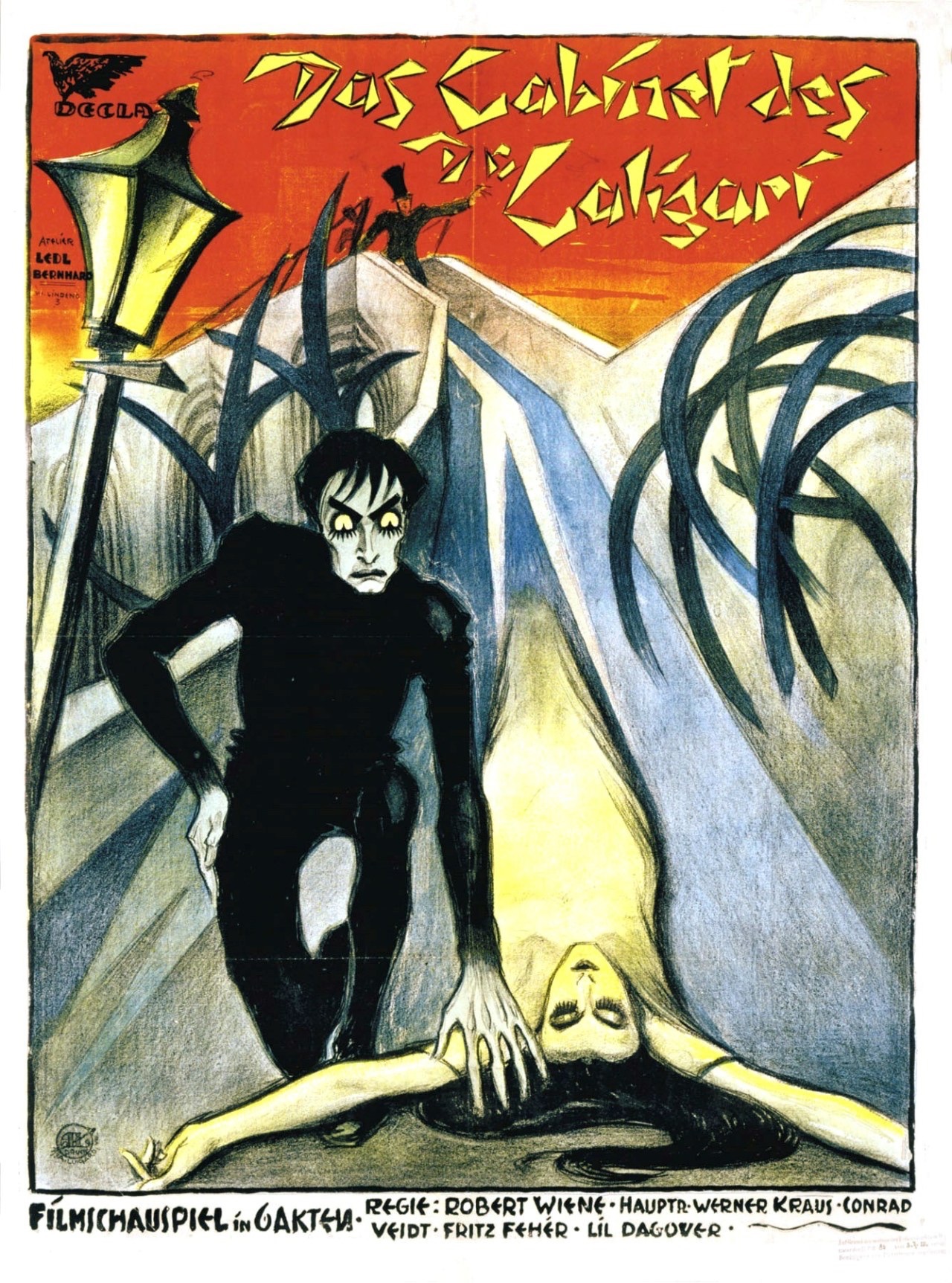 Das Cabinet des Dr. Caligari poster; French: Affiche du film Das Cabinet des Dr. Caligari  Atelier Ledl Bernhard (1895–1966) - Original publication: 1920 Immediate source: http://blackholereviews.blogspot.fr/2012/05/cabinet-of-dr-caligari-1920-fundamental.html