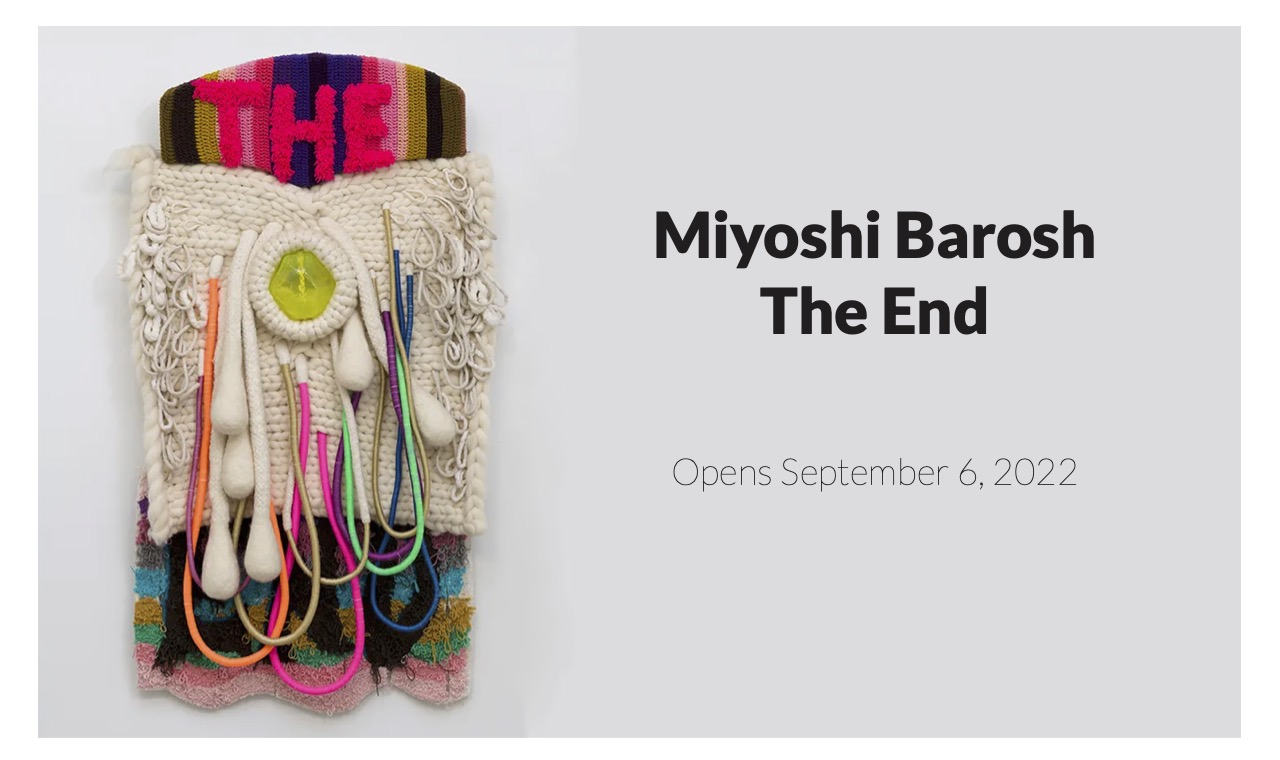 Miyoshi Barosh mixed media sculpture called The End represents an abstracted eye made of textiles and yarns, cast glass, and steel cables. 