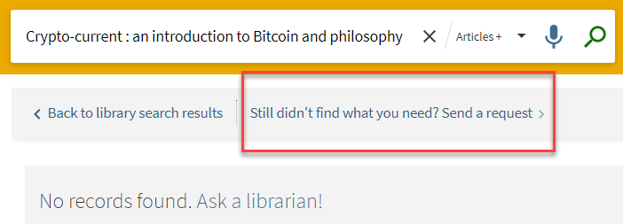 screenshot of a catalog results for "Crypto-current: an introduction to Bitcoin and philosophy" by Nick Land with a red rectangle highlighting the 'Send a request' button