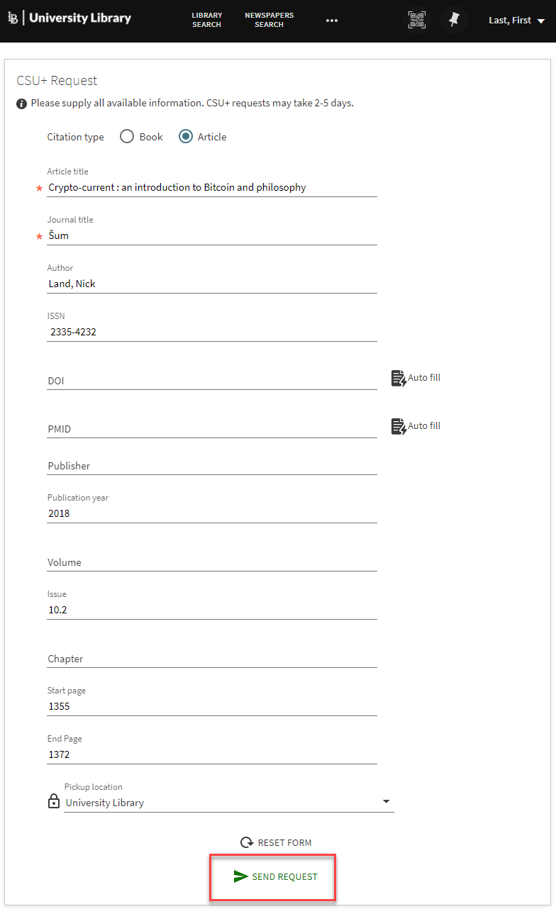 screenshot of the CSU+ Request form with details filled out to place a request for "Crypto-current: an introduction to Bitcoin and philosophy" by Nick Land; the 'SEND REQUEST' button is surrounded by a red rectangle 