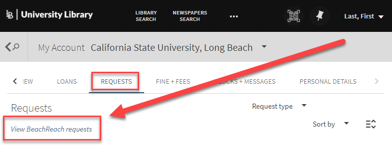 screenshot of a user's REQUESTS area in their library MY ACCOUNT screen with a red rectangle highlighting the fact that a request has been placed which must be fulfilled through BeachReach, the 'View BeachReach requests' button is surrounded by a red rectangle 