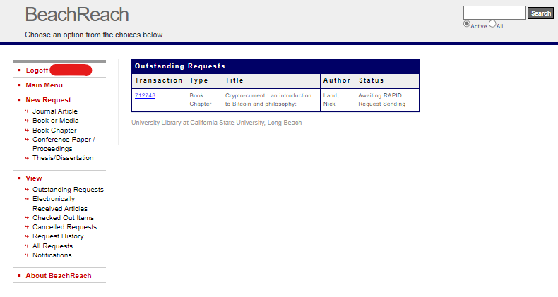 screenshot of the BeachReach Outstanding Requests screen showing a request for "Crypto-current: an introduction to Bitcoin and philosophy" by Nick Land