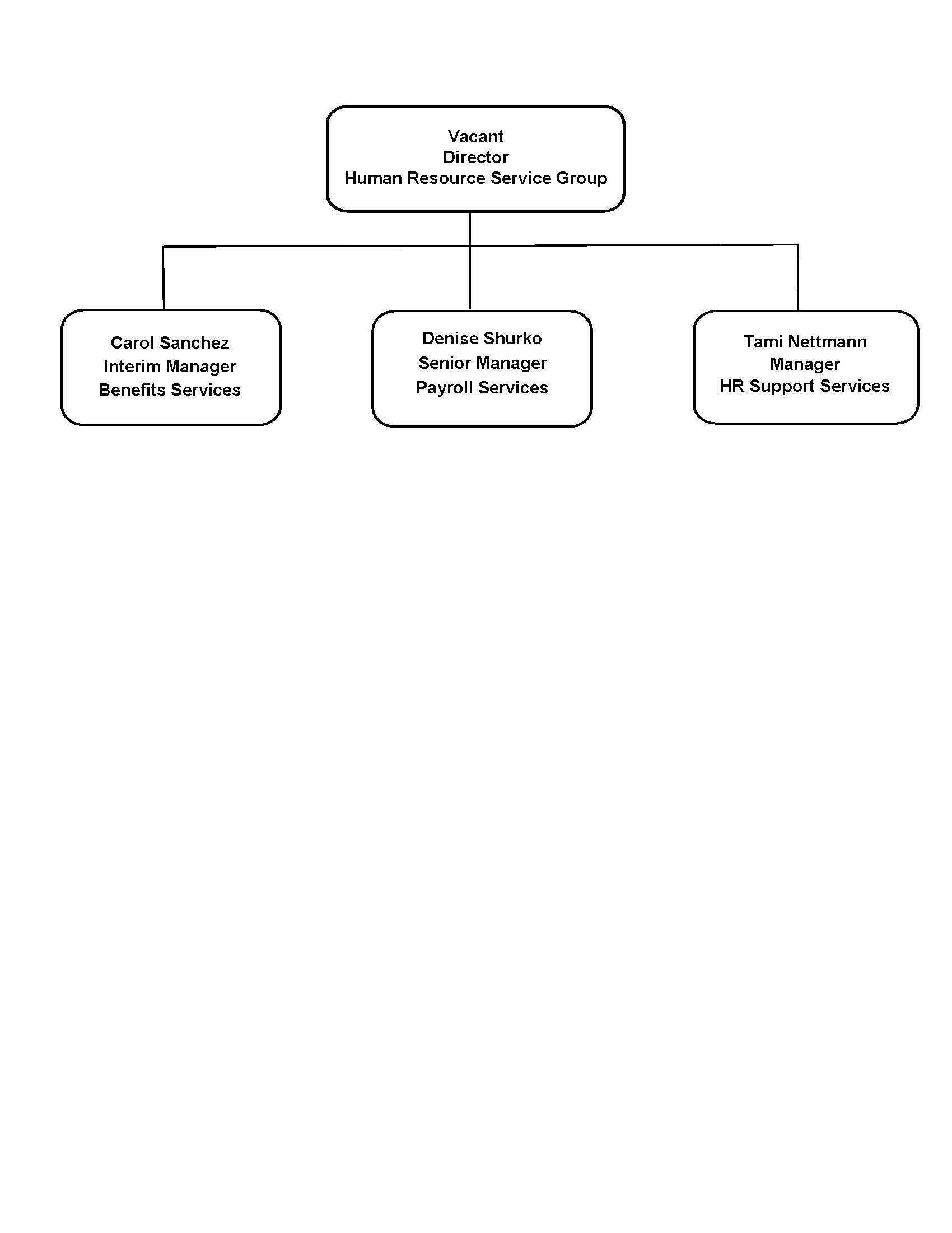 Benefits Services Interim Nanager Carol Sanchez and Senior Manager Payroll Services Denis Shurko and Manager HR Support Services Tami Nettmann report to Vacant Director Human Resource Service Group