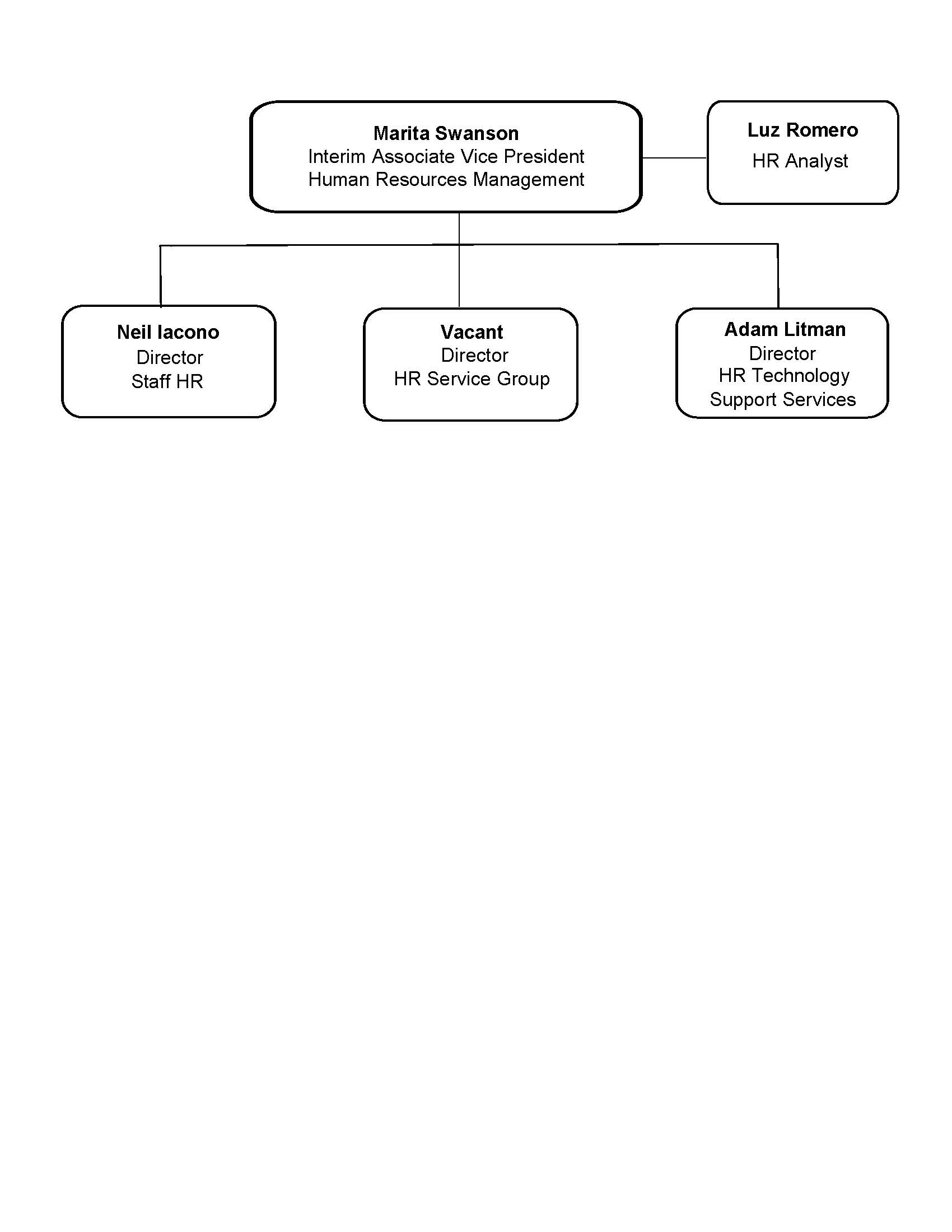 Neil Iacono Director Staff HR and Vacant position Director HR Services Group and Adam Litman Director HR Technology Supprt Services and Luz Remero HR Analyst report to Marita Swanson Interim Associate Vice President Human Resources Management 