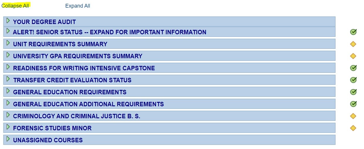 Screenshot of degree planner highlighting Collapse All feature