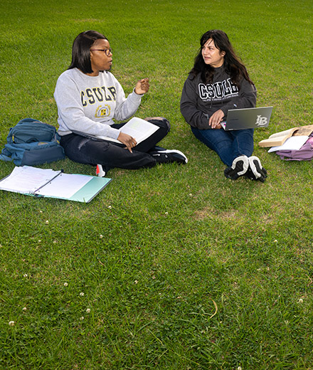 Students sit on grass while working on computers