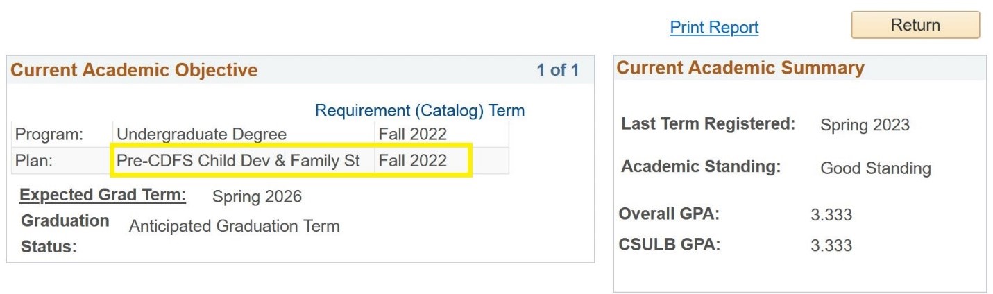 Screenshot of Student Center Current Academic Objective and Summary