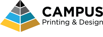 the logo for the campus printing and design showing a multicolored pyramid and the words campus printing and design to the right of it. 