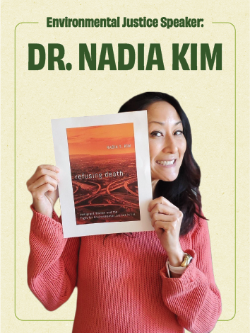 Book talk with Dr. Nadia Kim Environmental Justice Speaker, Dr. Nadia Kim holding her book 'Refusing Death'