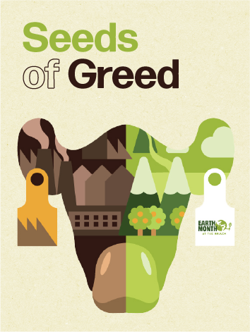Poster announcement for Seeds of Greed workshop with a drawing of a cow's face