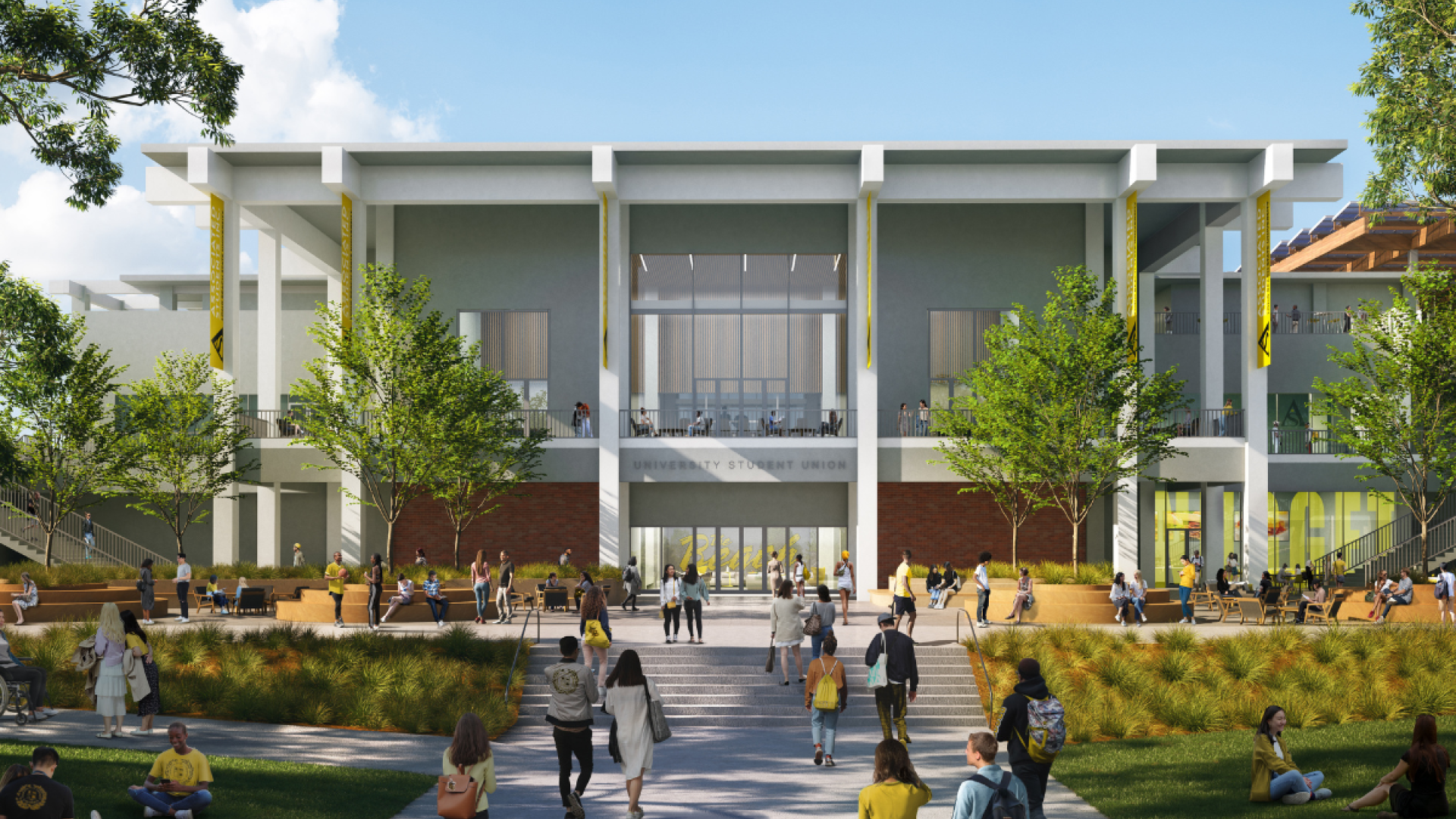 A conceptual rendering of the Future U project shows students walking up to the renovated union. 