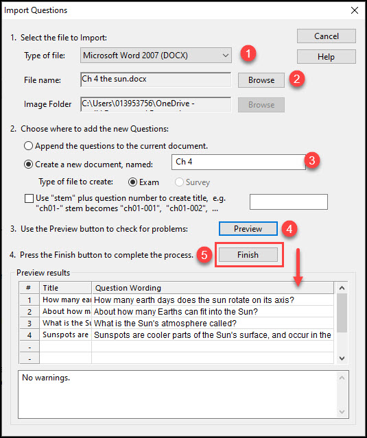 Import Questions page Respondus