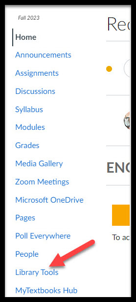 screen capture of Canvas course page with arrow pointing to the Library Tools link