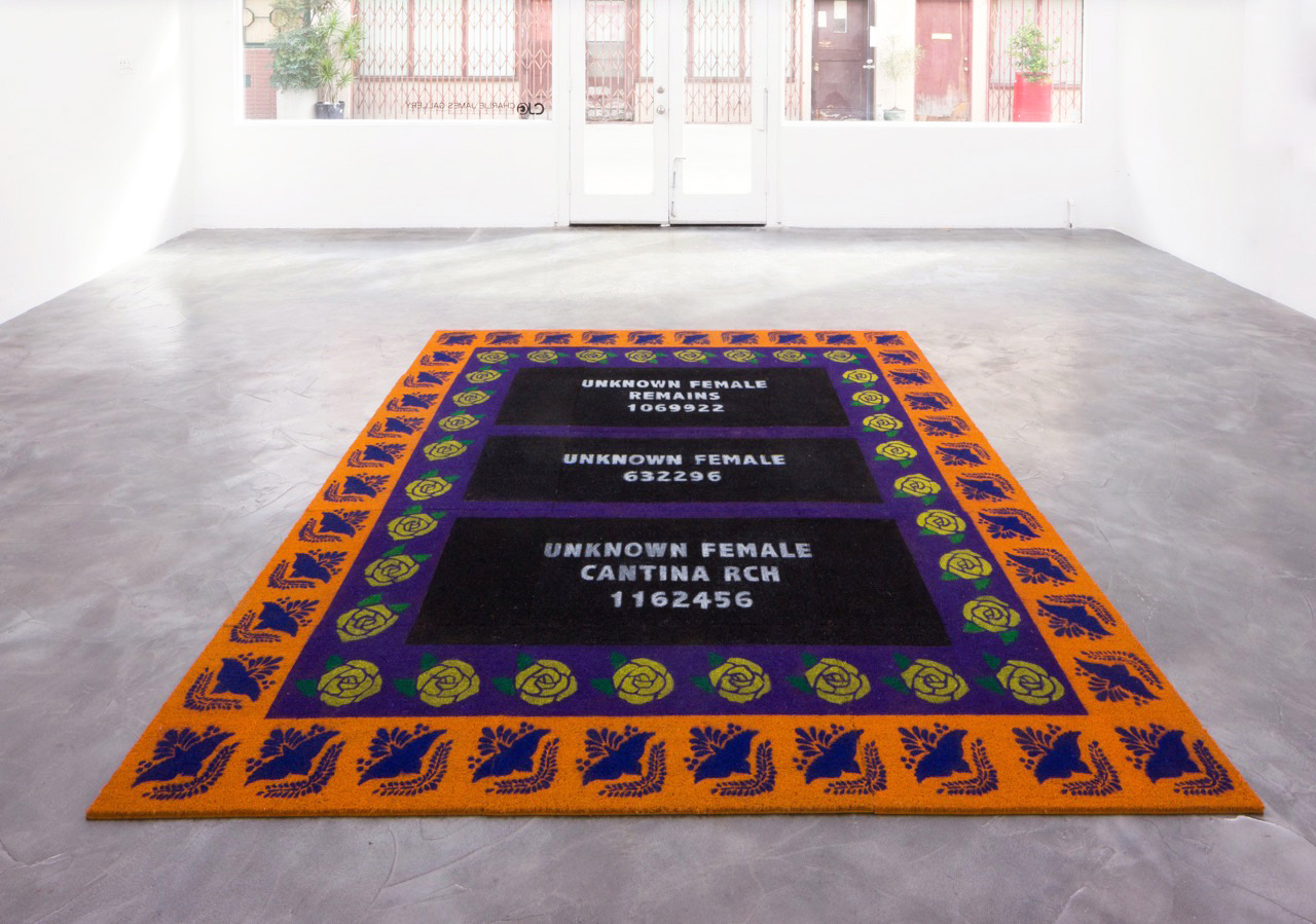 Nery Gabriel Lemus, A Memorial to Three Unknown Females (detail), 2016. Acrylic on 15 floor mats. 96 x 115 in. Gift of the artist. Collection of Carolyn Campagna Kleefeld Contemporary Art Museum.
