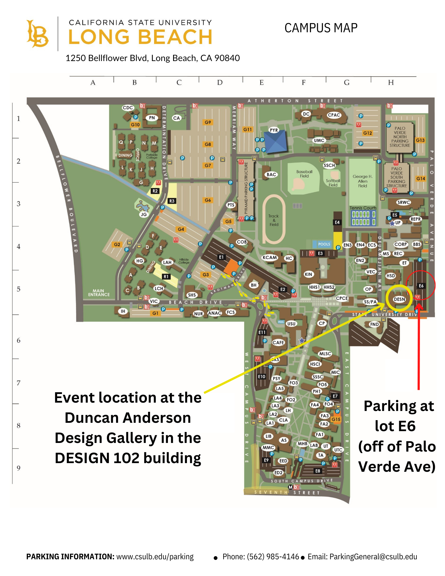 Campus map image showing where the event it and where parking will be. Event is at the Duncan Anderson Design Gallery in the Design building. Parking is in lot E9 off Palo Verde Ave