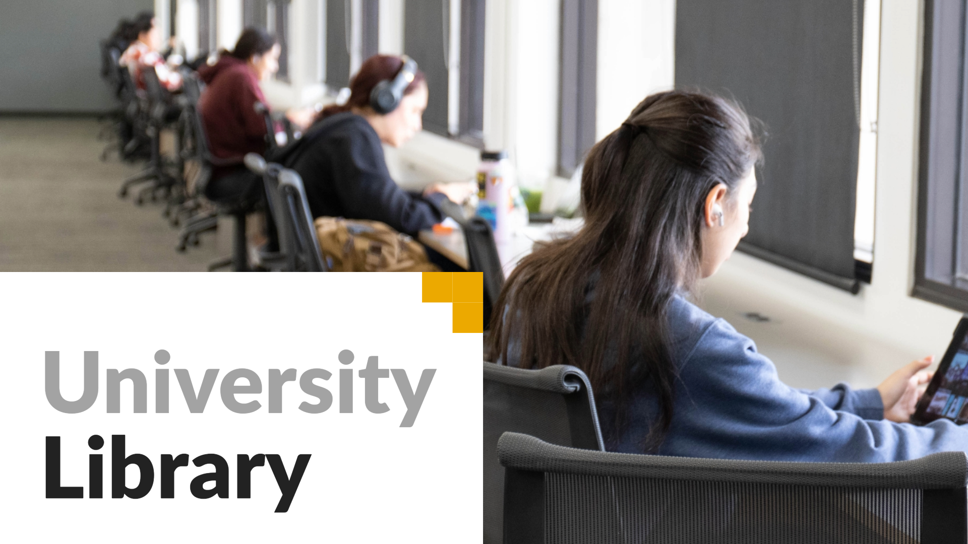 University Library. Image shows students working on laptops in the library.