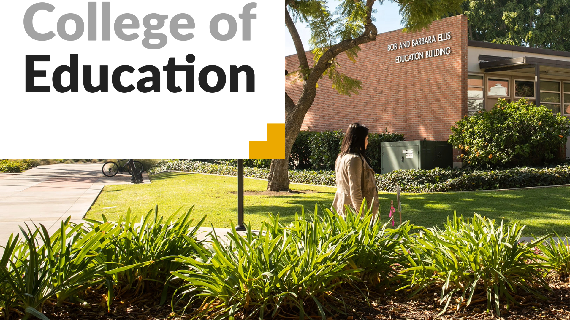 College of Education. Image shows a woman walking past the education building. 