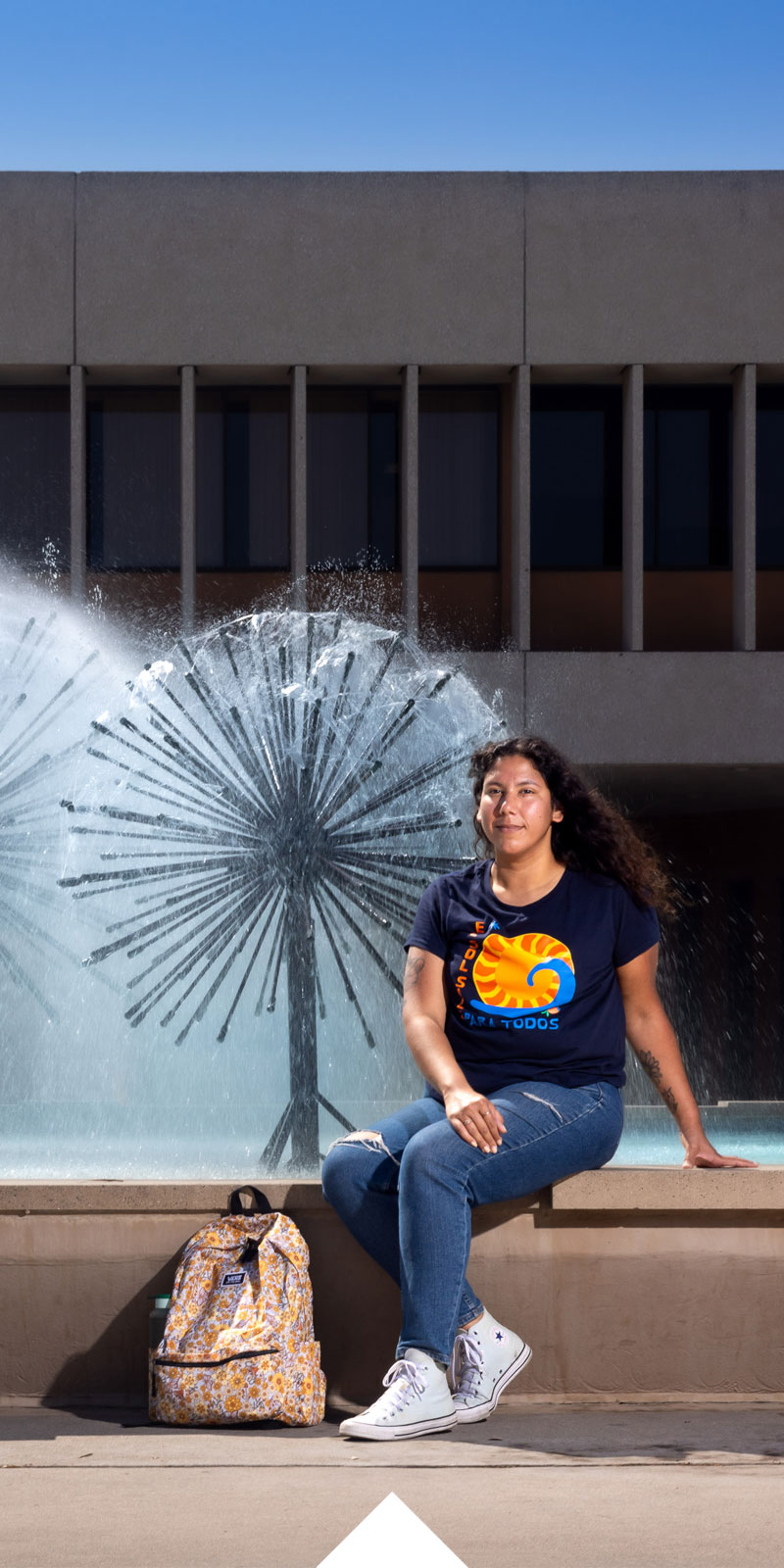 Female student by the fountain near Brotman Hall