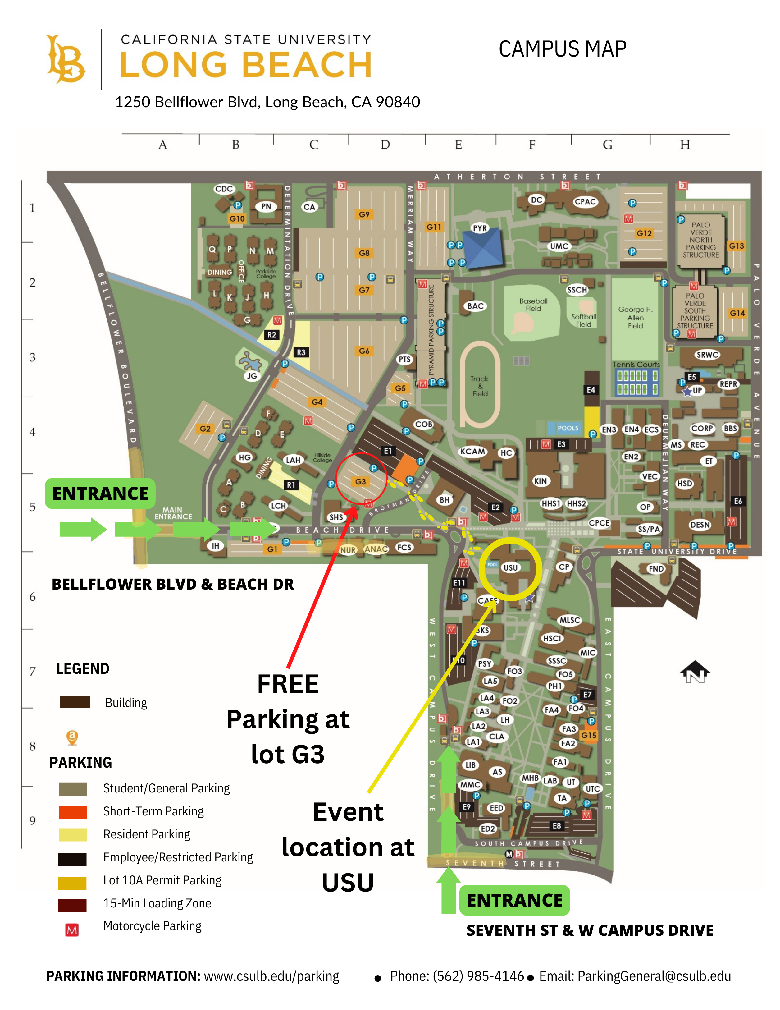 CSULB Campus Map with parking labeled in lot G3 and location labeled at USU