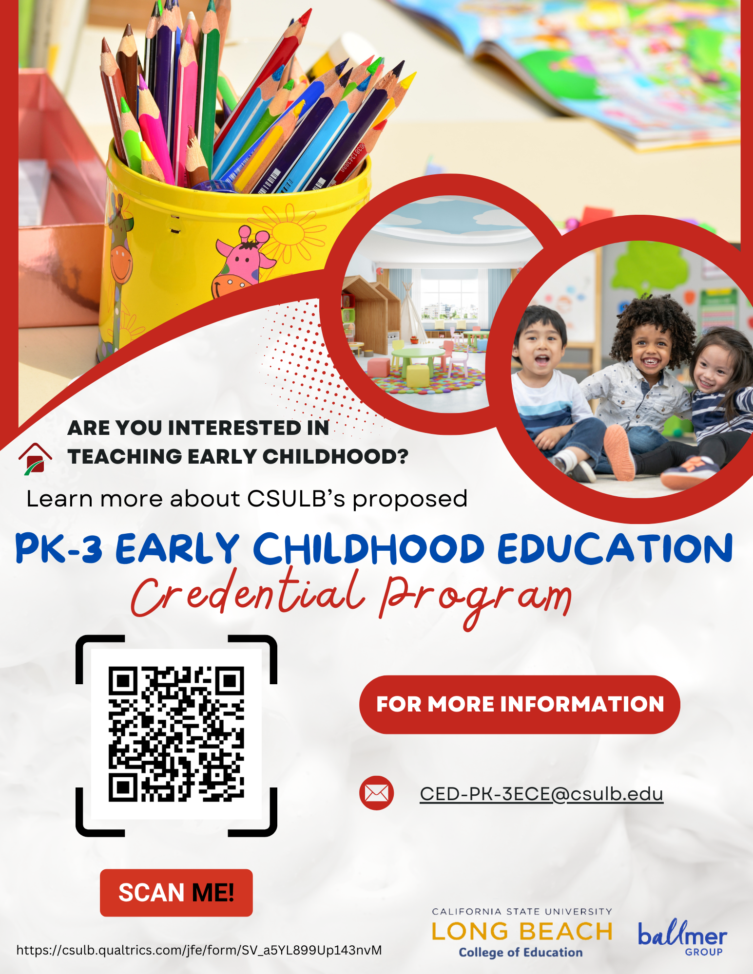 PK-3 Early Childhood Education Credential Program flyer. Please use URL link or QR code to add your name to the interest list for this proposed credential.