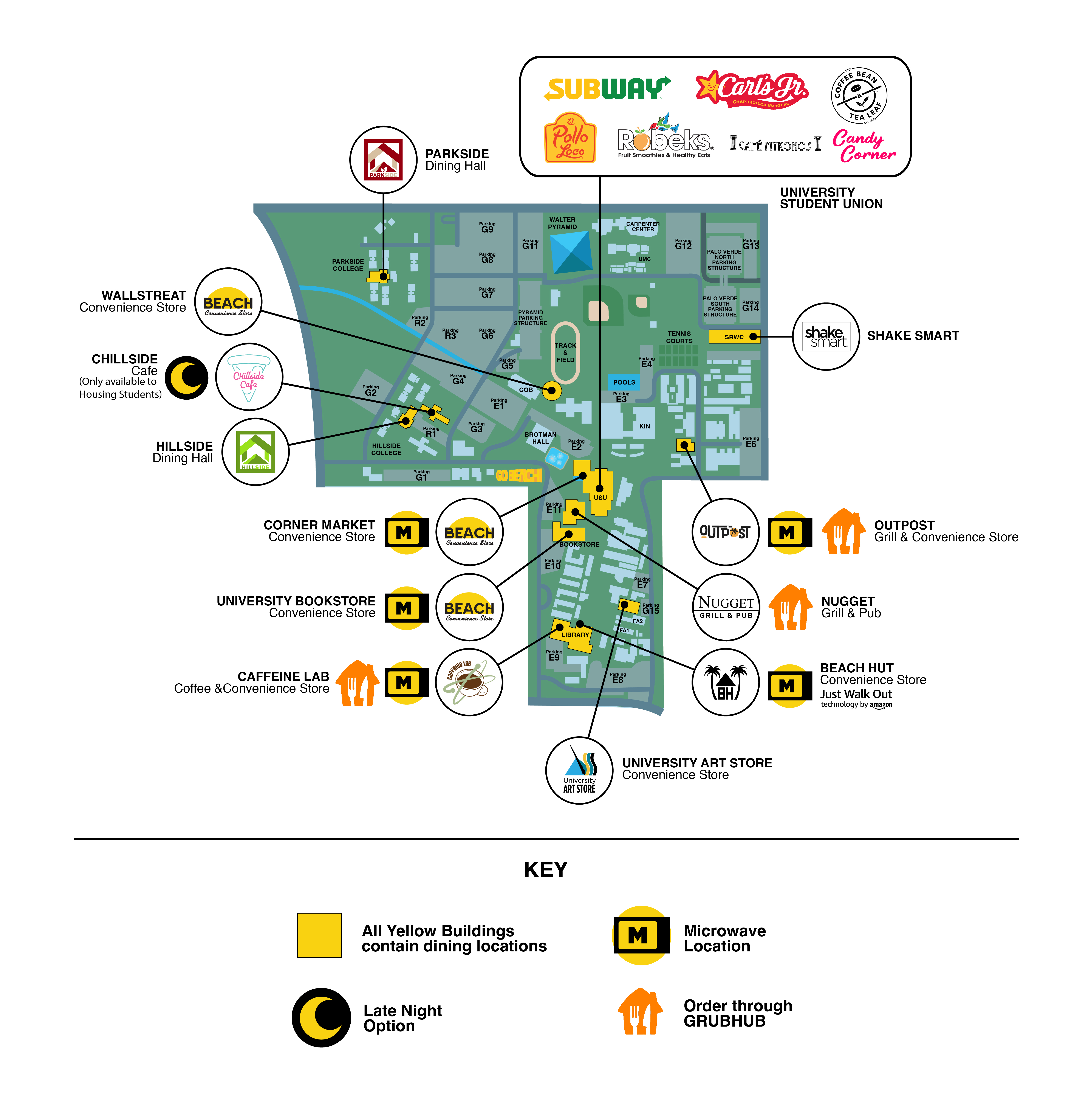 CSULB campus map showing eatery options