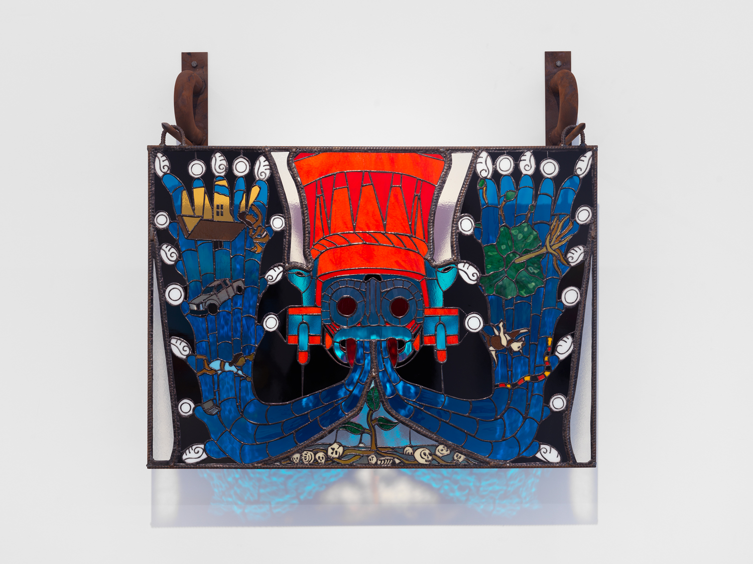 timo fahler, Tlaloc, Chalchiuhtlicue and the great flood, 2022. rebar steel, steel, stained glass, lead, aluminum. 38 ½ x 39 x 12 inches. Courtesy of Sebastian Gladstone. © timo fahler. Photo by Sebastian Gladstone Gallery