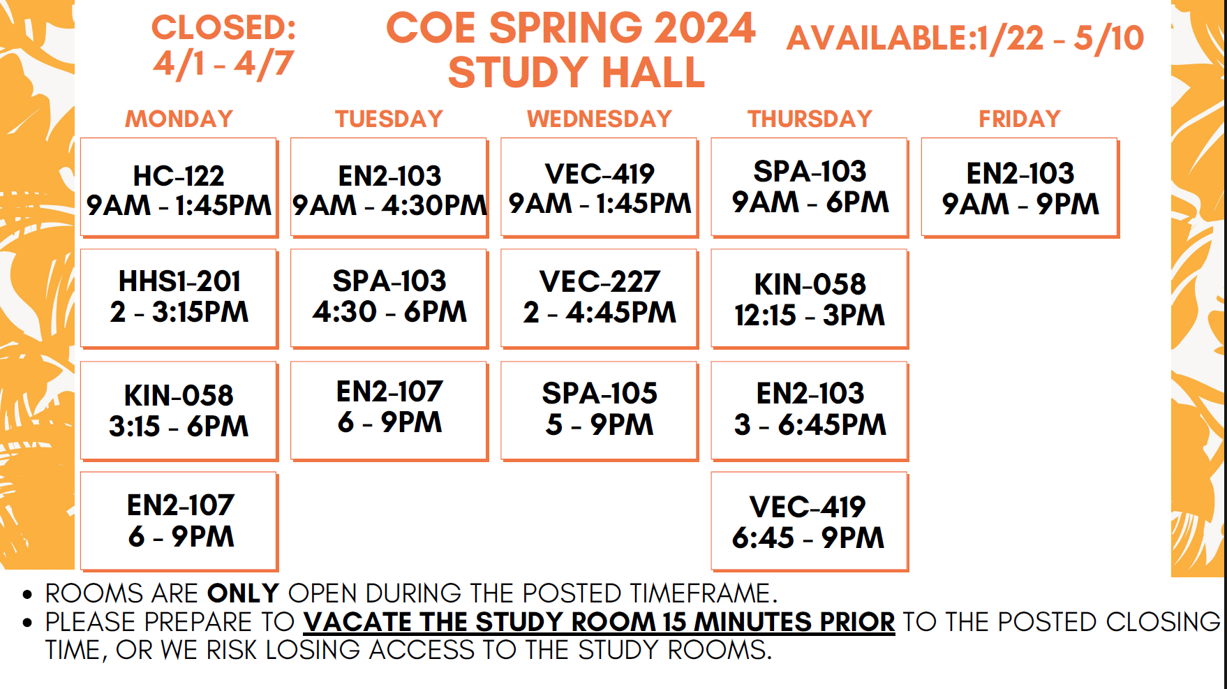 COE Spring 2024 Study Hall Schedule
