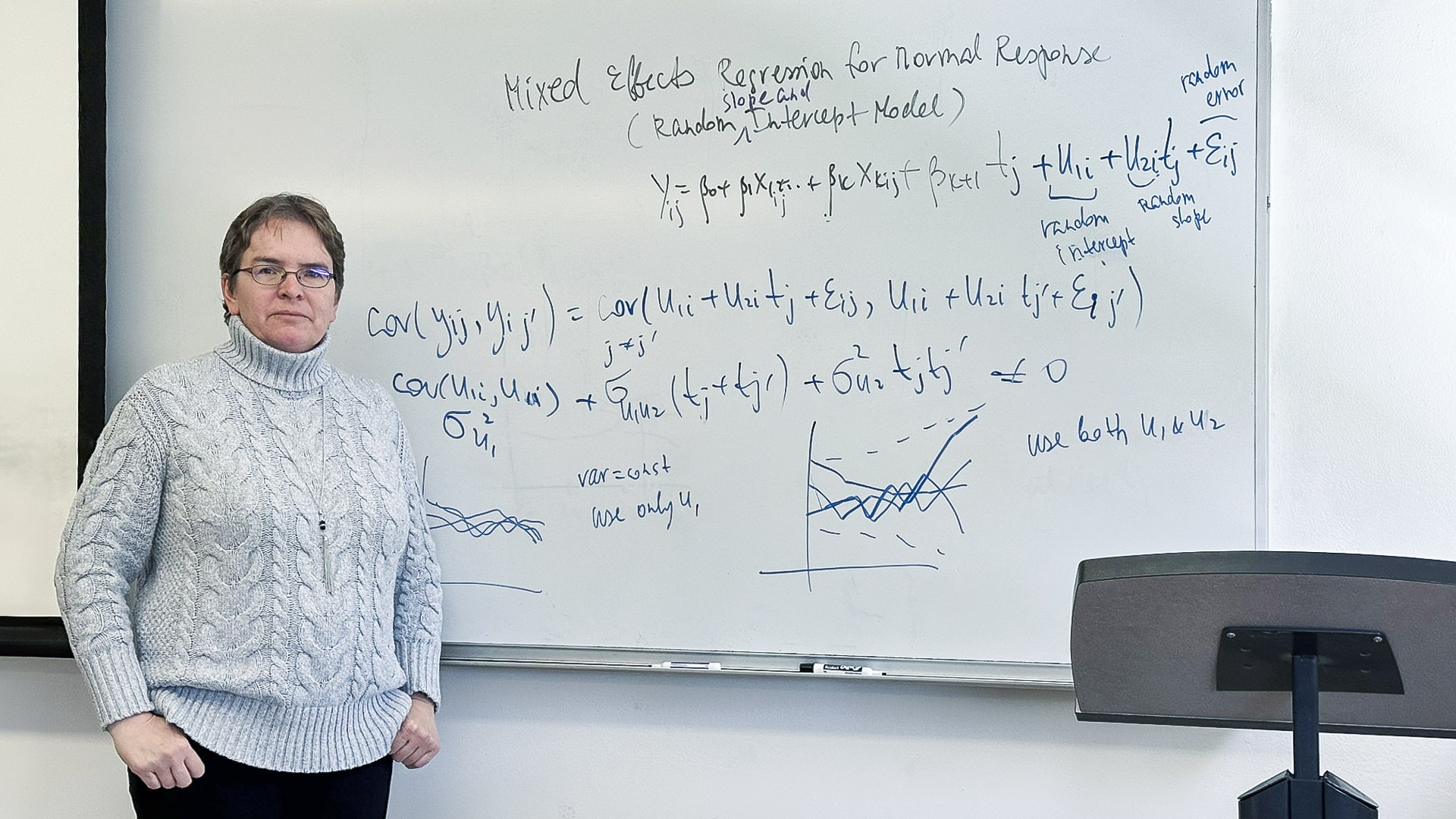 Statistics professor Olga Korosteleva in front of her classroom whiteboard
