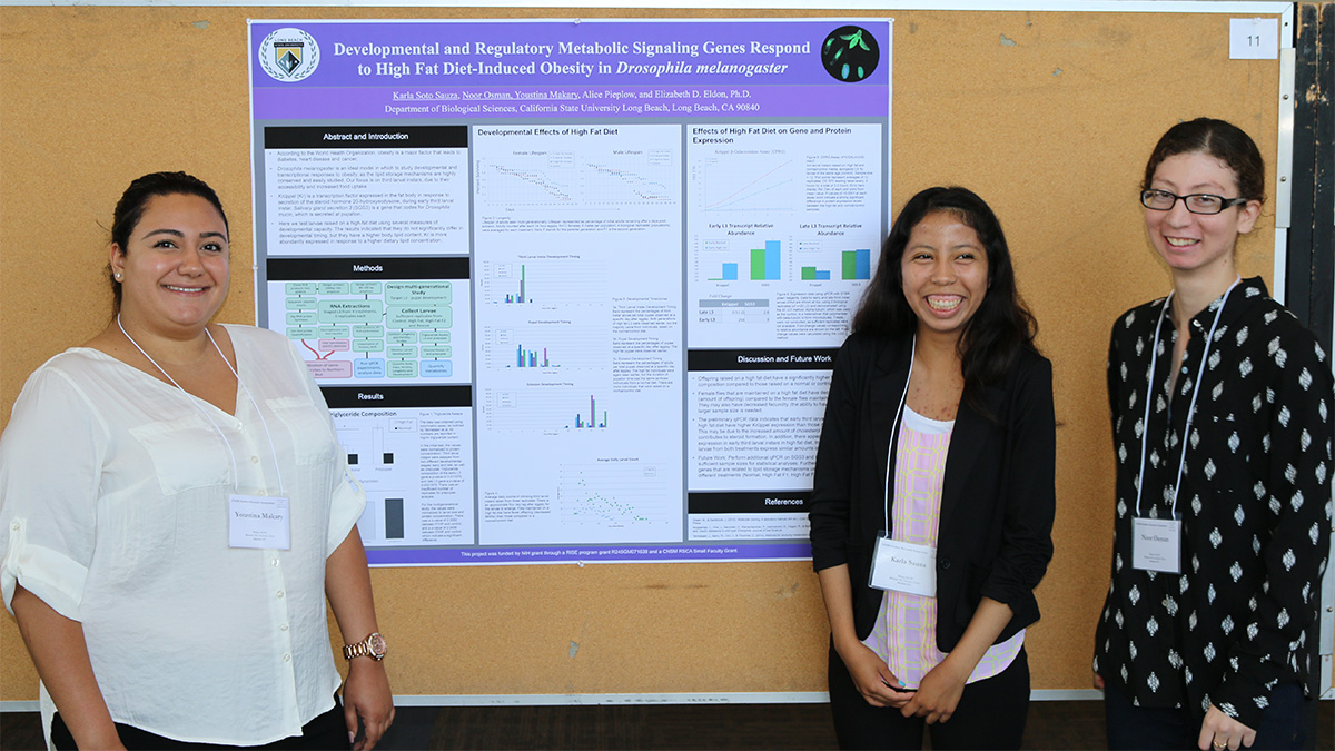student presenters standing proudly in front of their research poster