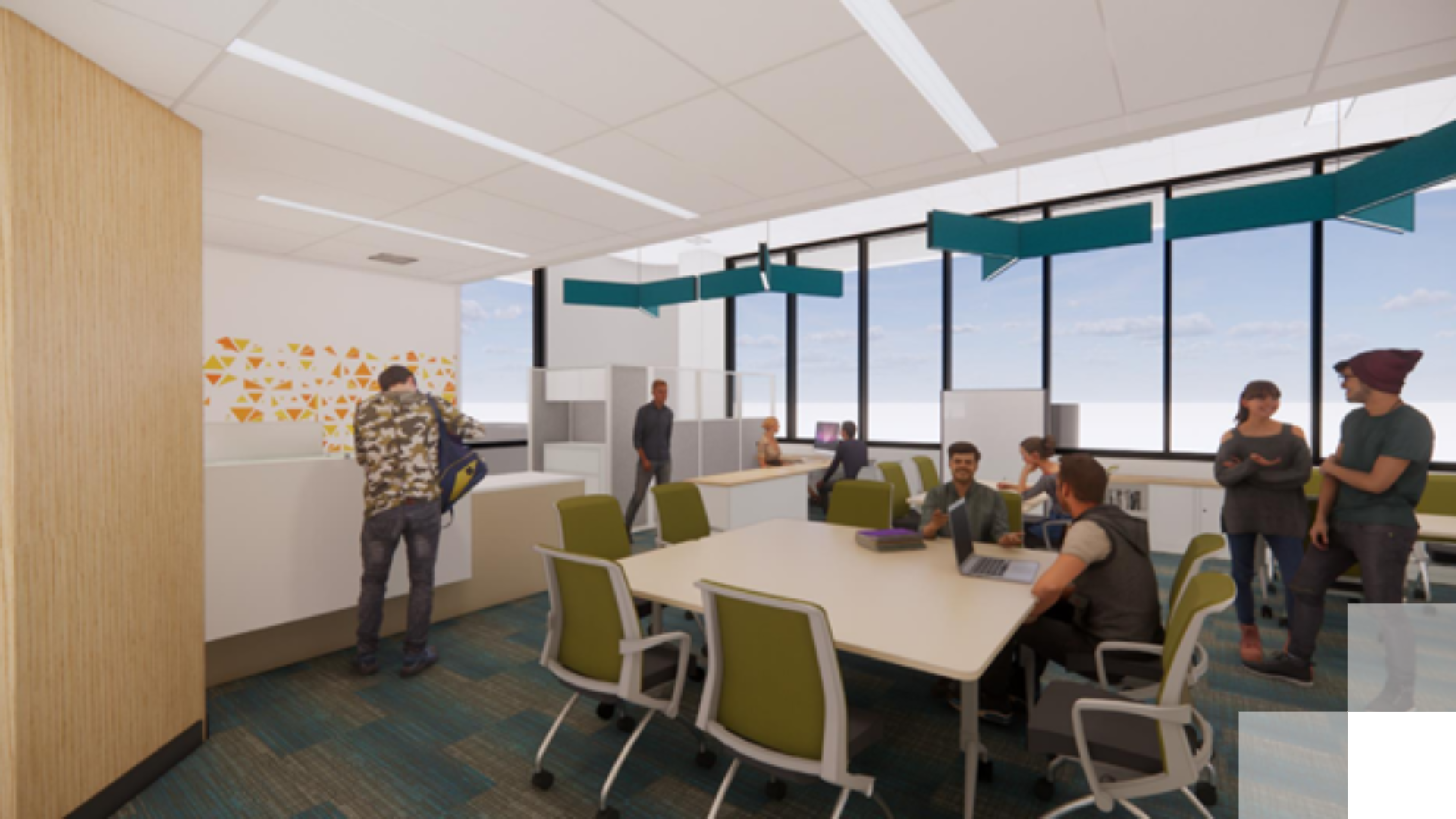 College of Business advising space. B2030 A computer rendering of a meeting office with a table, chairs and people.