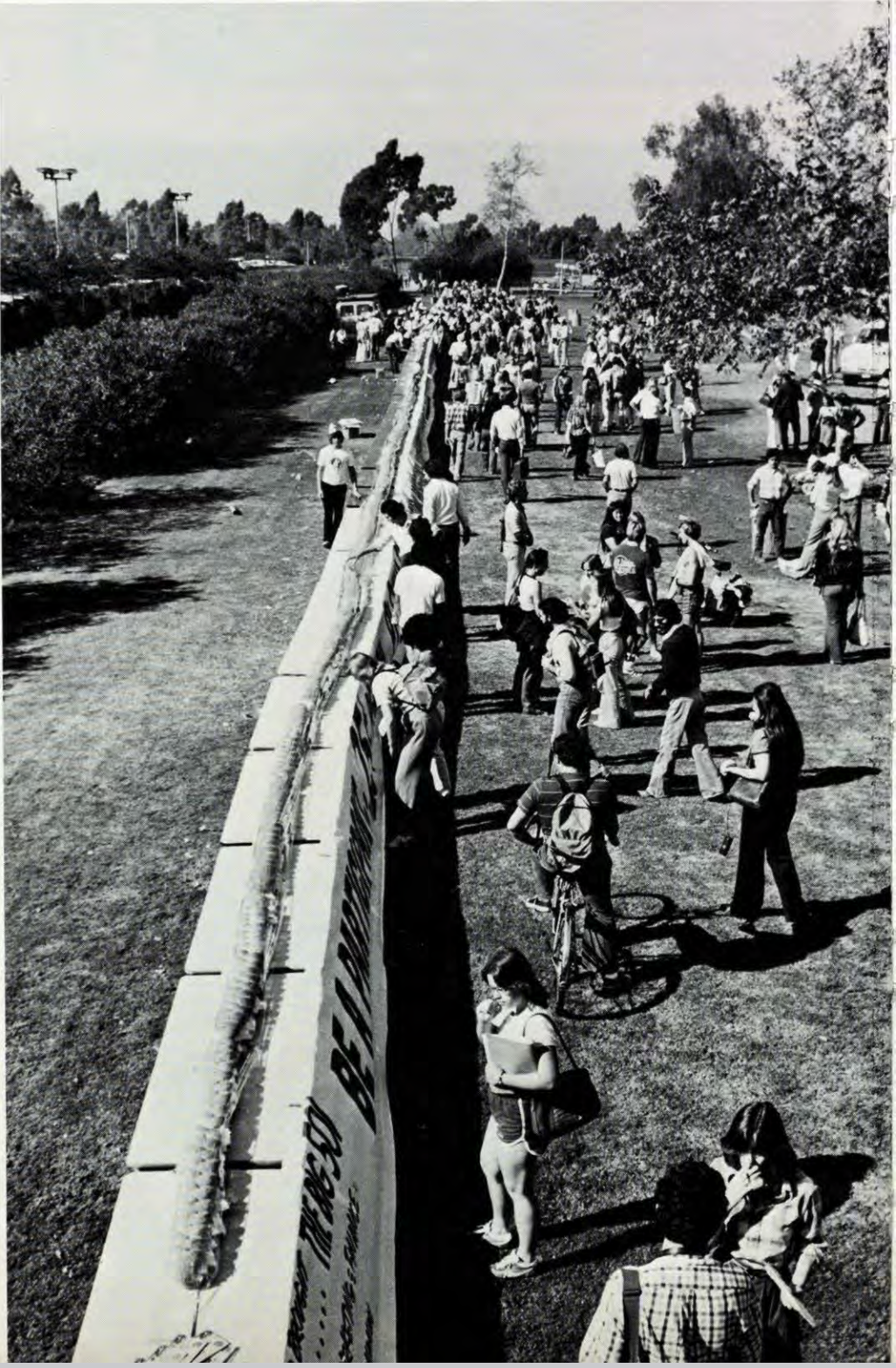 World's longest submarine sandwich A crowd walks along a long a table with a long sandwich on it outside.