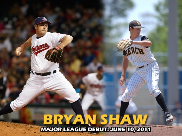 Bryan Shaw MLB Debut Image Two photos of Bryan Shaw pitching, one in a Cleveland MLB team uniform and another in a Long Beach State Uniform