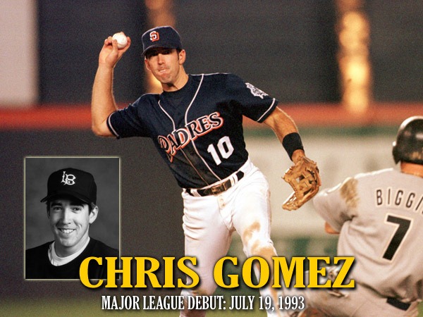 Chris Gomez MLB Debut A photo of Chris Gomez fielding a baseball in a San Diego Padres uniform with an inset of a portrait of him wearing a Long Beach State cap.