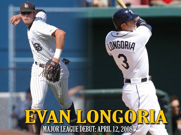 Evan Longoria MLB Debut Image A photo of Evan Longoria fielding in a Long Beach State uniform and a photo of him swinging a bat in a Tampa Bay Rays uniform