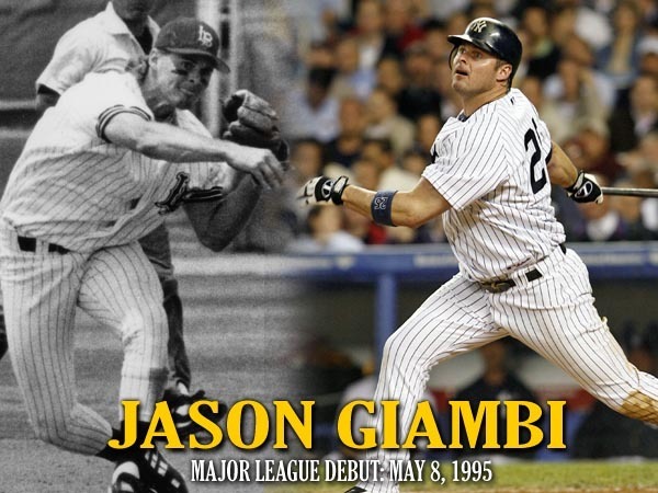 Jason Giambi MLB Debut Image Two photos of Jason Giambi, one throwing a ball in a Long Beach State uniform and completing a swing in a Yankees uniform