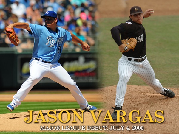 Jason Vargas MLB Debut Image Two photos of Jason Vargas pitching, one in a Kansas City Royals uniform and another in a Long Beach State uniform
