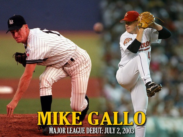 Mike Gallo MLB Debut Two photos of Mike Gallo pitching, one in a Long Beach State uniform and the second in a Houston Astros uniform