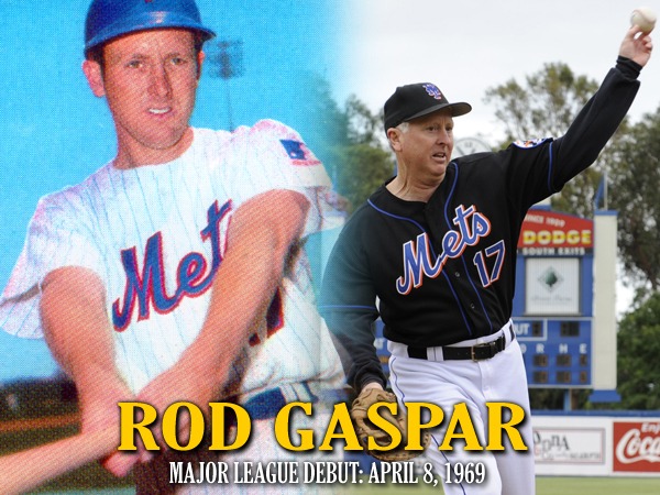 Rod Gaspar MLB Debut Image Two photos of Rod Gaspar, one as a young man in a Mets uniform and another as an older adult in a black Mets uniform