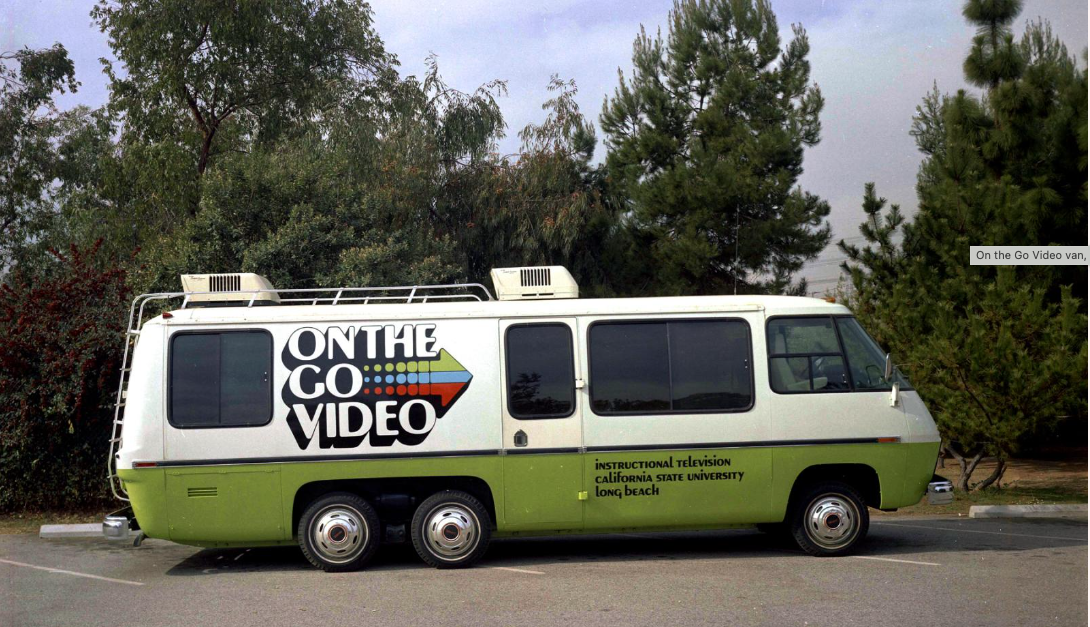 "On The Go Video" van, 1970s A van with "On The Go Video" written on the side