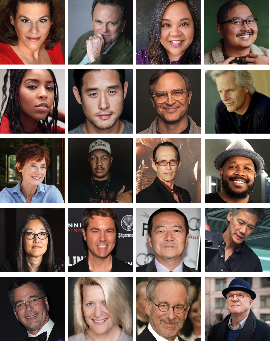 CSULB alumni who work in Hollywood A grid of 20 headshots shows a diverse group of individuals with varied expressions, posing in studio and casual settings.
