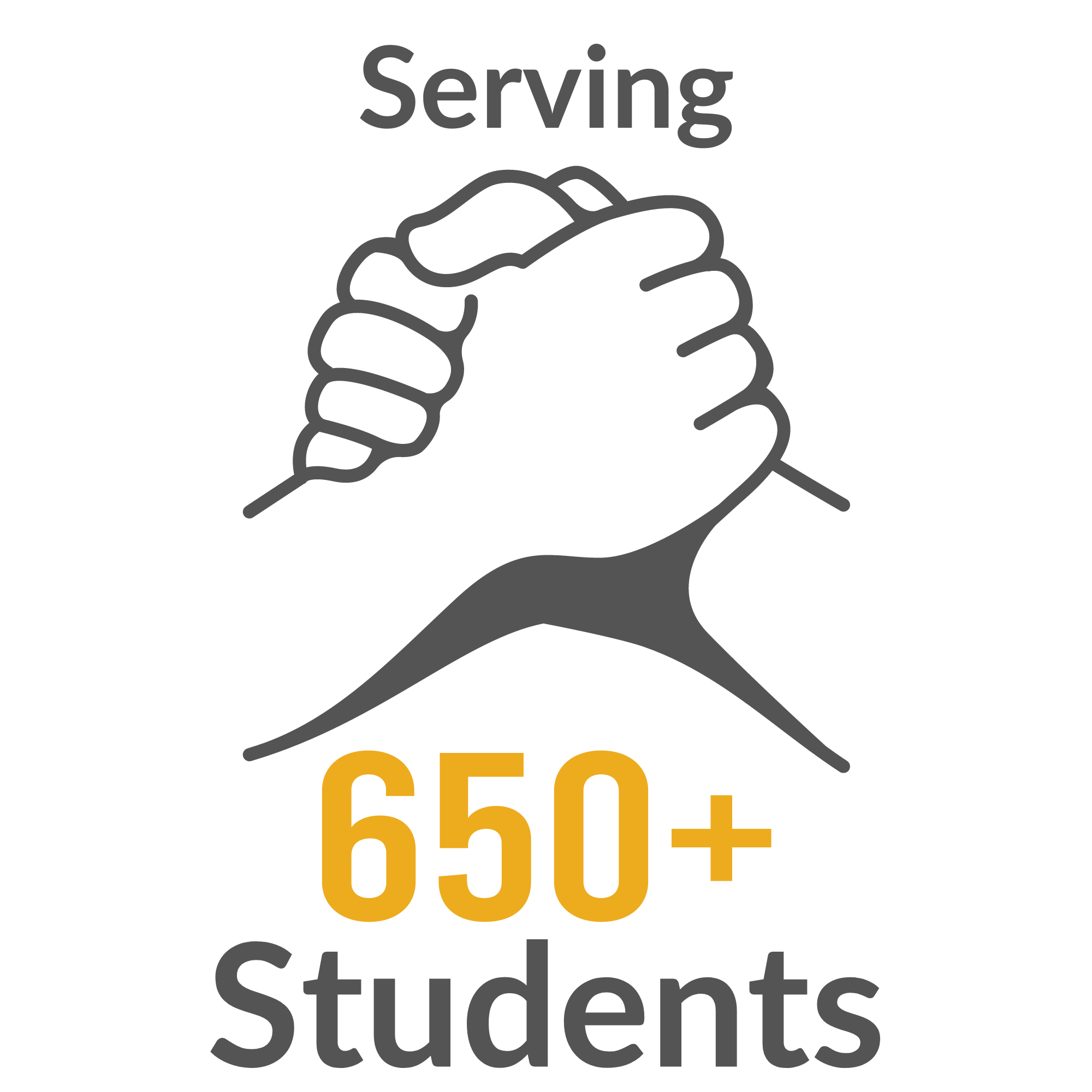 A holding hands icon with the text “Serving 650+ Students.”