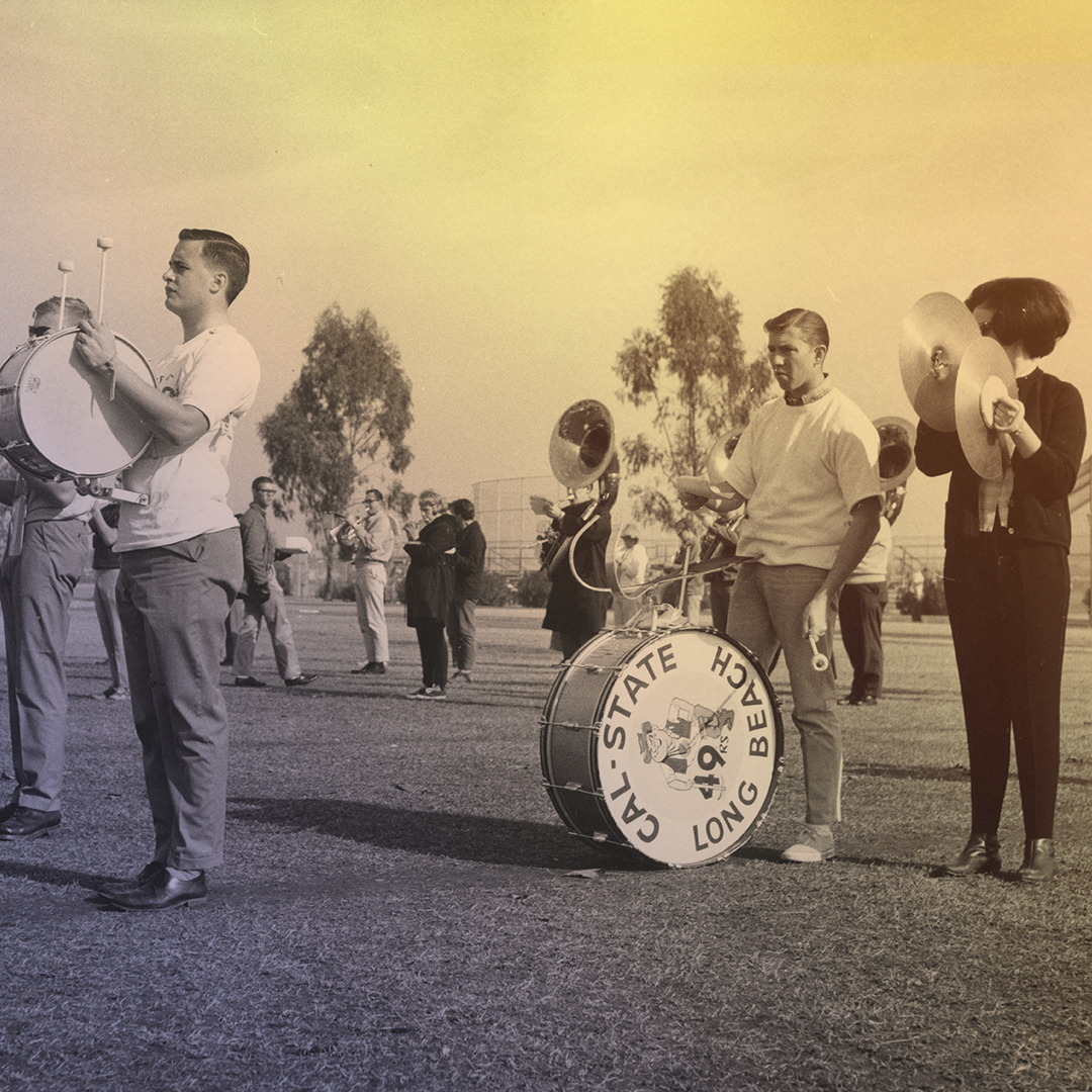 Band members, with drummers and a cymbal player in front, practicing Band members, with drummers and a cymbal player in front, practicing