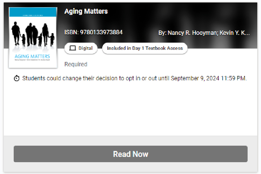 Example of an aging digital textbook in Canvas available for students opted into D1TA. 