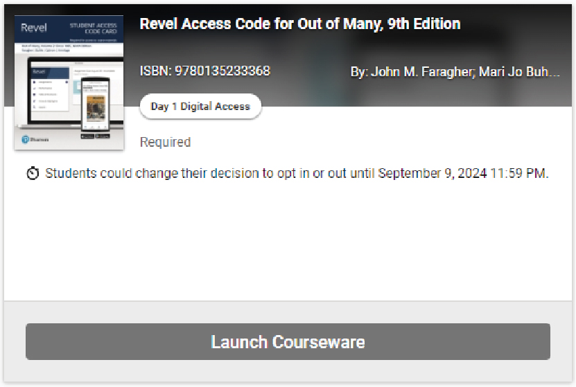 Example of a digital textbook using an access code in Canvas available for students opted into D1TA. 
