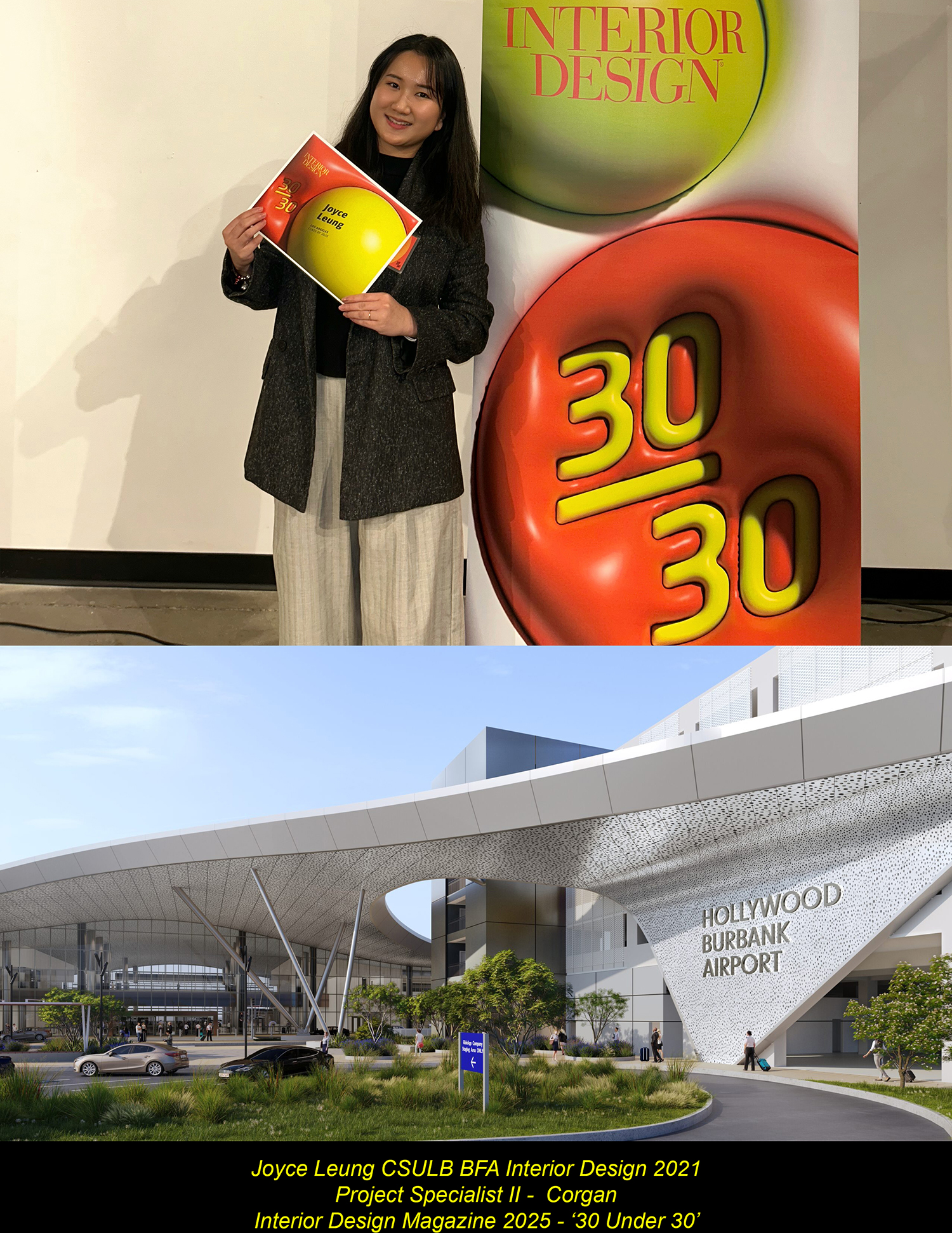 Picture of Joyce Leung with a sample of her portfolio work beneath