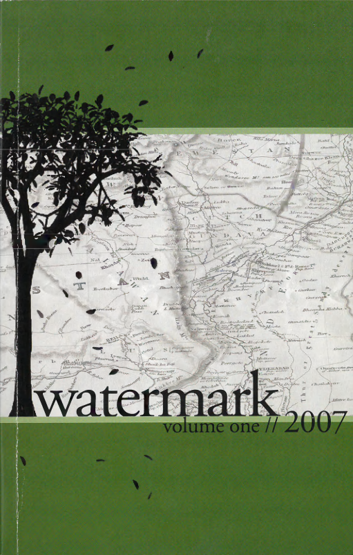 The cover of Watermark, Volume One (2007), features a black silhouette of a tree with scattered leaves against a background split between a muted green color and an old grayscale map. The title "watermark" appears in lowercase serif font across the middle, with "volume one // 2007" in smaller sans-serif font below. 