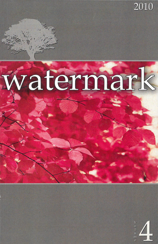 The cover of Watermark, Volume 4 (2010), features a vibrant photograph of red leaves in the center, framed by gray sections at the top and bottom. The title "watermark" is displayed in large white serif font over the leaves, with a white tree silhouette in the top left corner and "Volume 4" in the bottom right.
