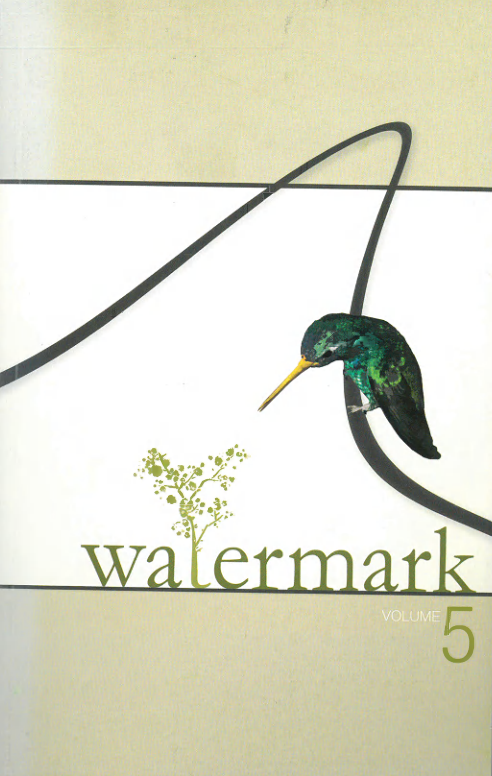  The cover of Watermark, Volume 5, features a minimalist design with a black curving line across a white and beige background, where a green hummingbird perches. The title "watermark" appears in a green serif font with a small floral illustration, while "VOLUME 5" is displayed in the bottom right corner.