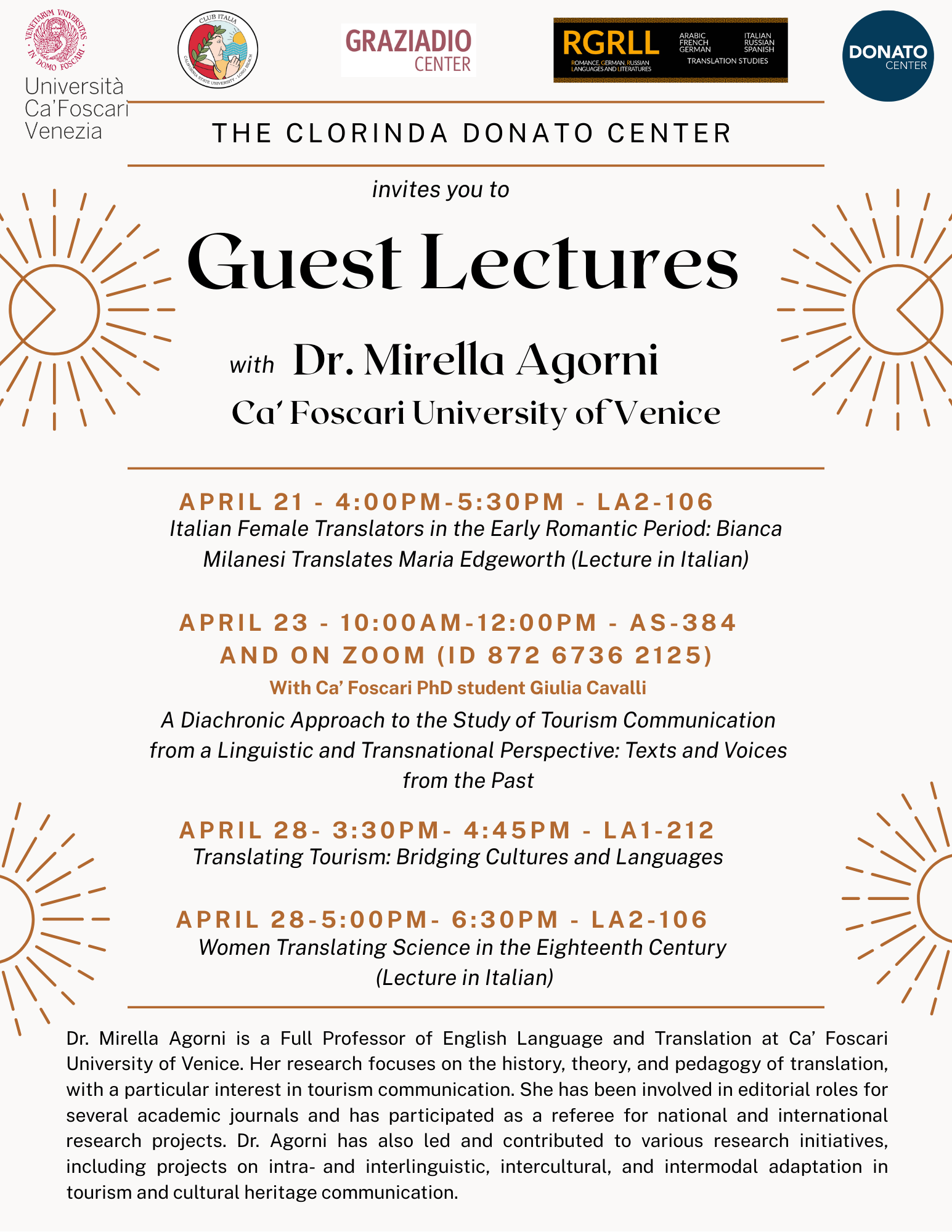 Flyer with Lecture titles, dates, and times for "Guest Lectures with Dr. Mirella Agorni"